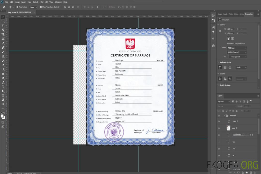 Modèle PSD de certificat de mariage en Pologne template